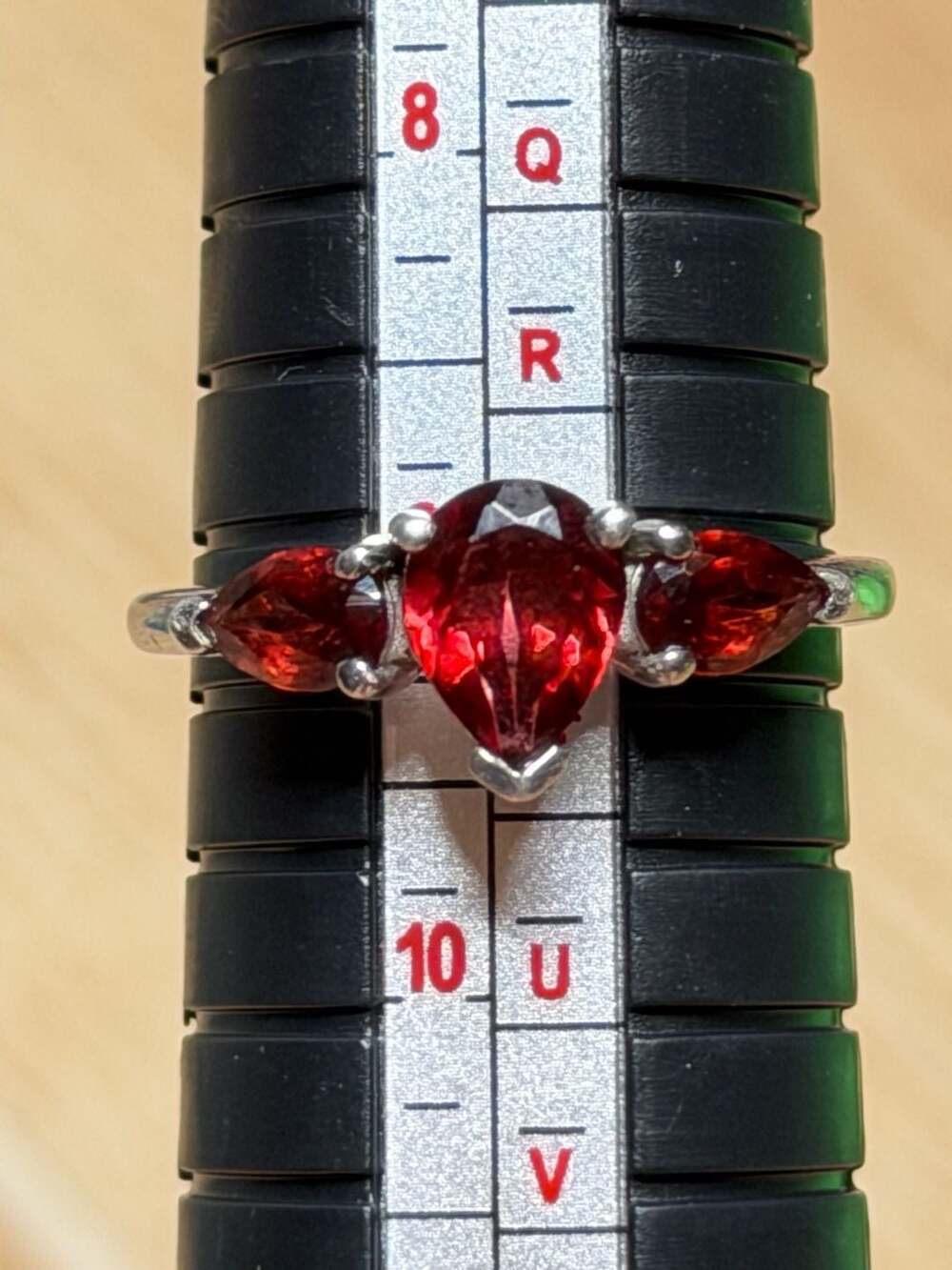 925 Sterling Silver Triple Pear Red Garnet Gemstone Ring